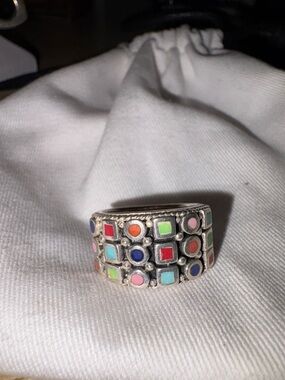 Sterling silver Multi-Color Enamel Mosaic Band Ring - Women Jewelry
